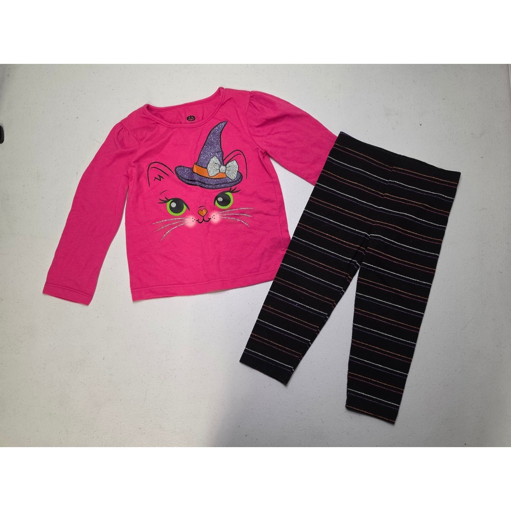 Celebrate Together Girls 24M Halloween Pink Witch Cat Top Black Striped Leggings